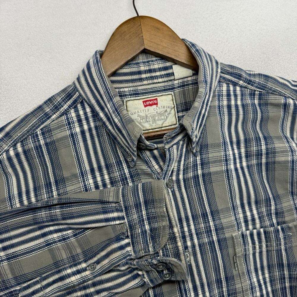 Vintage Levis Denim Shirt men's Large Blue White Plaid Houndstooth Jean thick
